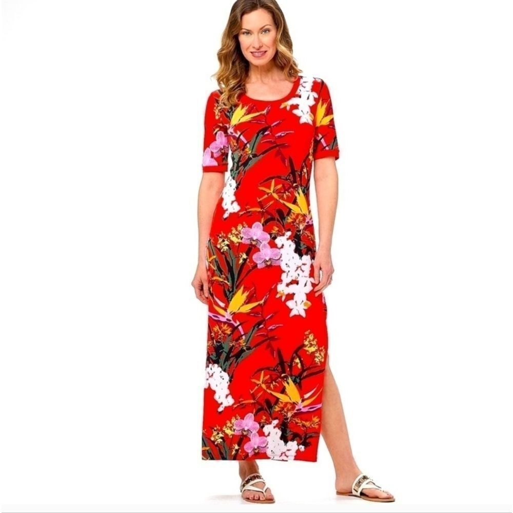 G.I.L.I. Jetsetter Red Tropical Floral Short Sleeve Maxi Dress Size Small Petite